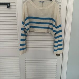Zara Women's Cream and Blue Striped Sweater
